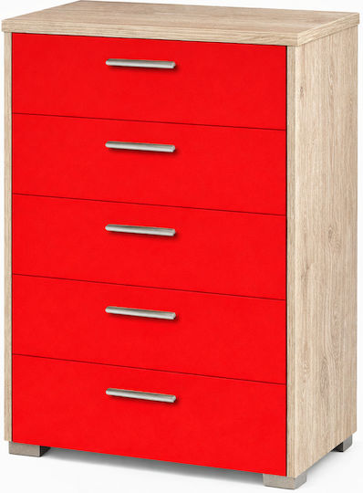 Kids Chest of Drawers No 5 Oak-Red with 5 Drawers 60x45x90cm
