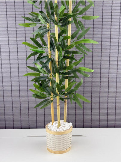 Stewehome Decorative Bamboo Tree Wicker Rattan Pot Wooden Detail Artificial Leaves 3 Trunks White 14x14x12 Cm