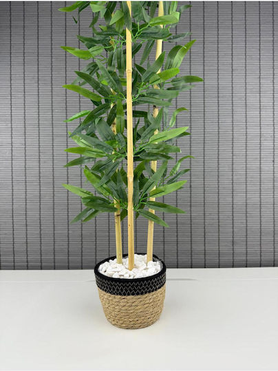 Stewehome Decorative Wicker Bamboo Tree Artificial Leaves Wicker Sea Grass Black Cotton Pot 3 Trunks Black 16x12x81 Cm