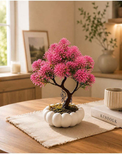 Stewehome Artificial Bonsai Pink Chrysanthemum White Glass Pot Decorative Artificial Flower Pink