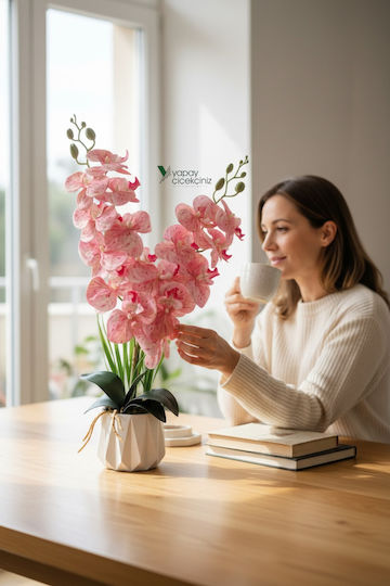 SteweHome Dekorative Künstliche Orchidee Zwei Zweigstellen Flüssige Textur Modernes Weißes Gefäß Rosa