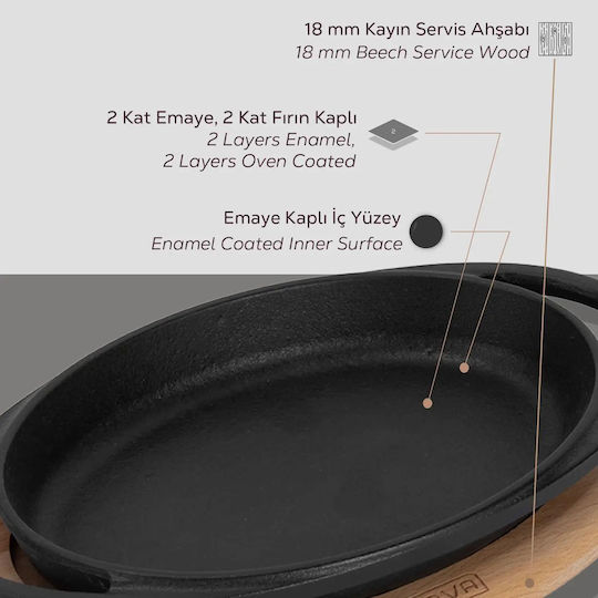 Oval Cast Iron Tray 21 X 14 Cm Wooden Base Lava