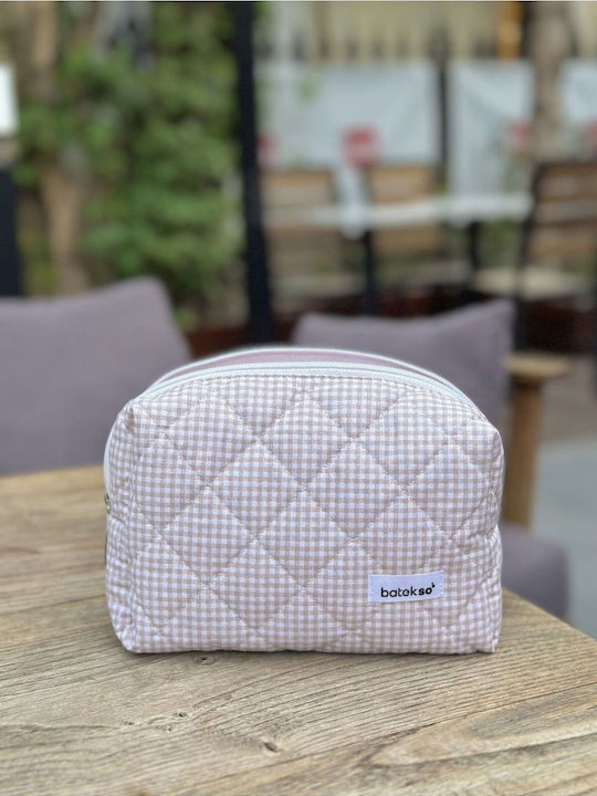 Enpapa Large Beige Makeup Bag With Checkered Pattern 19x18x7.5 Cm