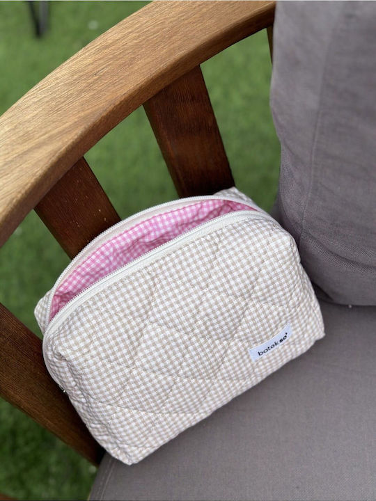Enpapa Large Beige Makeup Bag With Checkered Pattern 19x18x7.5 Cm