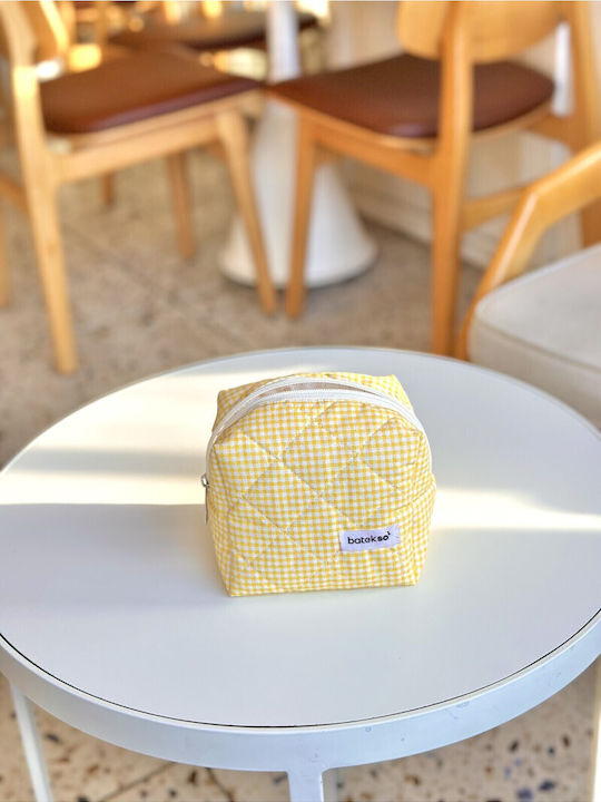 Enpapa Μικρή Τσάντα Μακιγιάζ Κίτρινο Καρό Μοτίβο Γιούτα Κίτρινο 13x13x9 Cm