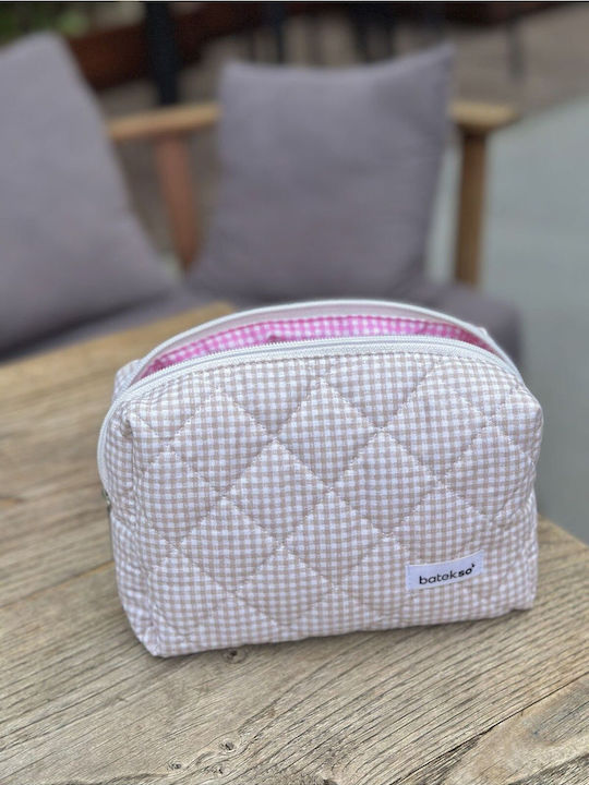 Enpapa Large Beige Makeup Bag With Checkered Pattern 19x18x7.5 Cm