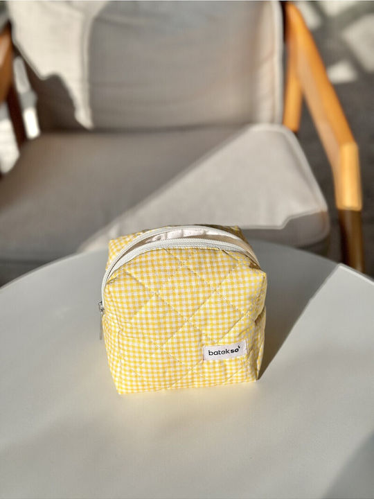 Enpapa Small Makeup Bag Yellow Checkered Pattern Jute Yellow 13x13x9 Cm
