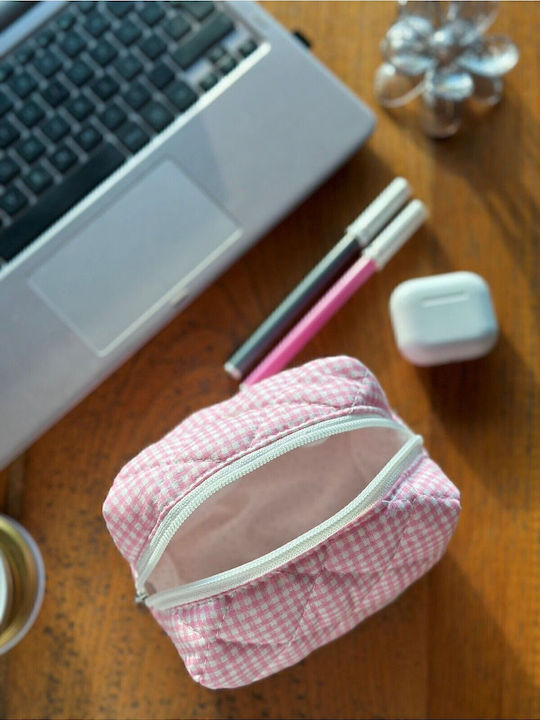 Enpapa Small Makeup Bag Pink Checkered Design Pink 13x13x9 Cm