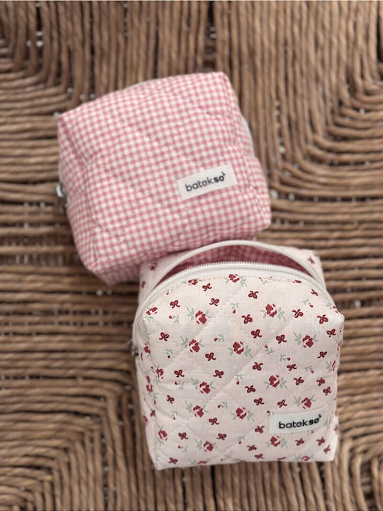 Enpapa Set Of 2 Small Makeup Bags Plaid Ribbon Design Burgundy Pink Rose Multicolored 13x13x9 Cm