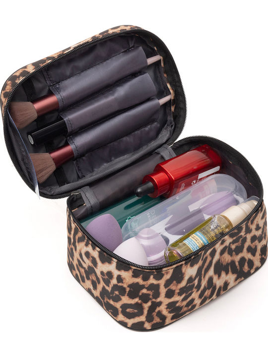 Enpapa Double Layer Large Travel Makeup Bag Functional Cosmetic Organizer Leopard Print