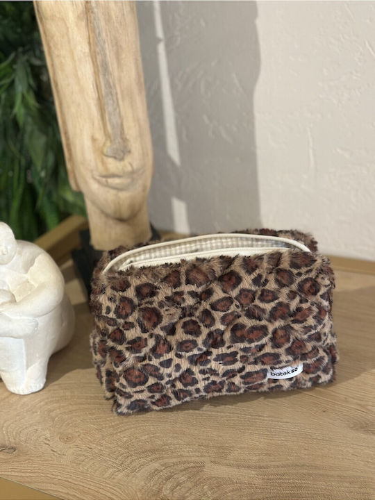 Enpapa Large Makeup Bag Leopard Pattern Faux Brown Material 19x18x7.5 Cm