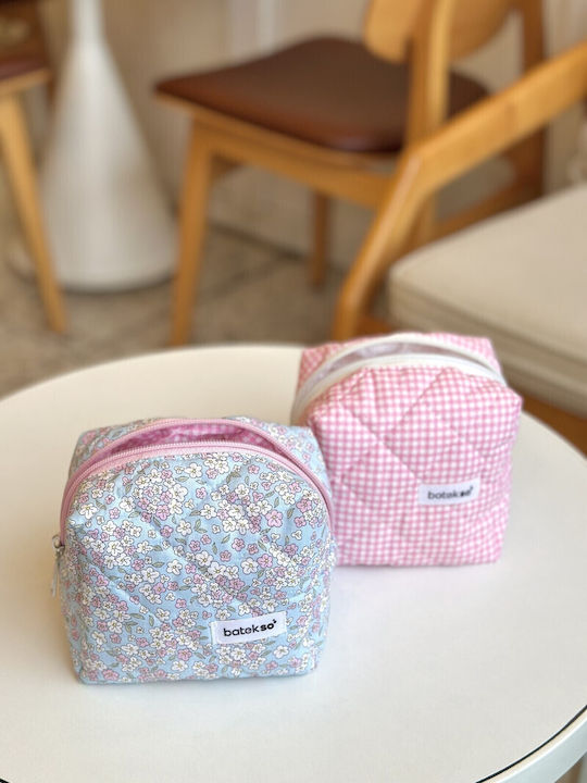 Enpapa Set of 2 Small Makeup Bags Blue Pink Flowers Pink Checkered Pattern Multicolored 13x13x9 Cm