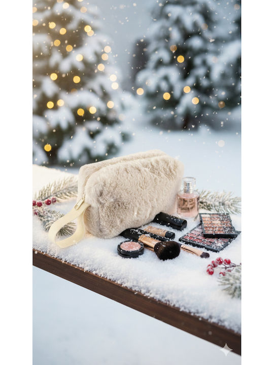 Enpapa Makeup Bag For Daily Use Plush Fabric Cream Ecru 16x10x6.5 Cm