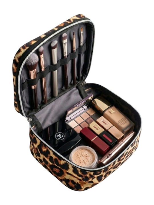 Enpapa Double Layer Large Travel Makeup Bag Functional Cosmetic Organizer Leopard Print