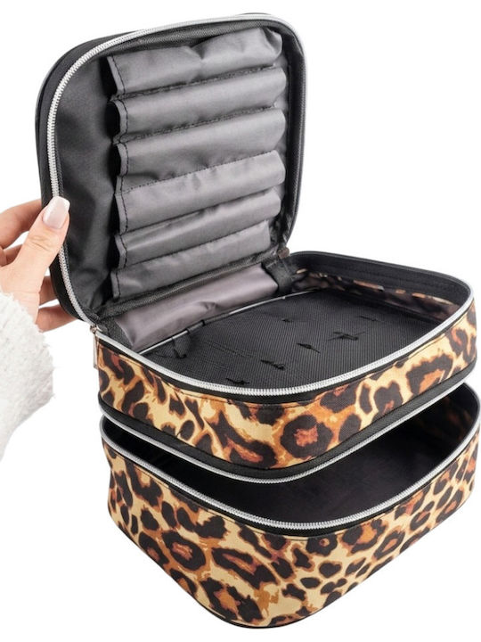 Enpapa Double Layer Large Travel Makeup Bag Functional Cosmetic Organizer Leopard Print