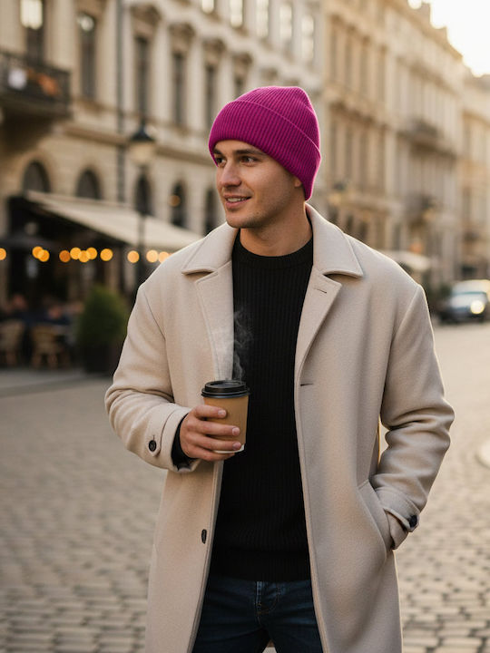 Unisex Beanie Mütze mit Rib Strick in Fuchsie Farbe