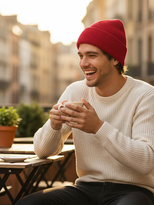 Beanie Unisex Mütze mit Rib Strick in Rot Farbe