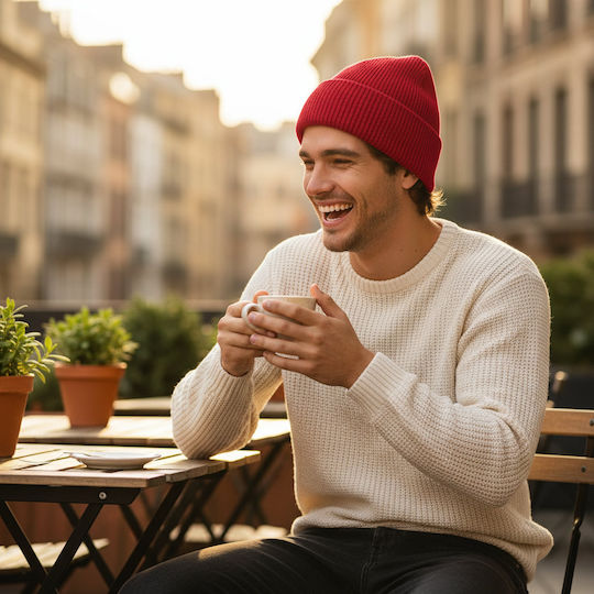 Beanie Unisex Σκούφος με Rib Πλέξη σε Κόκκινο χρώμα