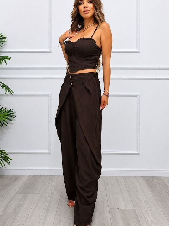 Pantaloni Dama Set Maro Ciocolatiu Cu Pantaloni În Fit Relaxed Cu Dungi