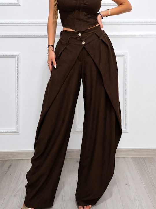 Pantaloni Dama Set Maro Ciocolatiu Cu Pantaloni În Fit Relaxed Cu Dungi