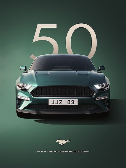 Poster 50 Years Mustang Car Cr001 40cm X 50cm White Wooden Frame