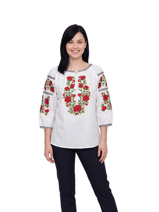 Bluza Damă Bumbac Mânecă Lungă Alb/Portocaliu