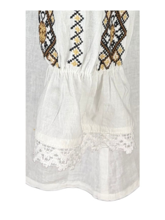 Bluza Damă Bumbac Mânecă Lungă Alb/Portocaliu