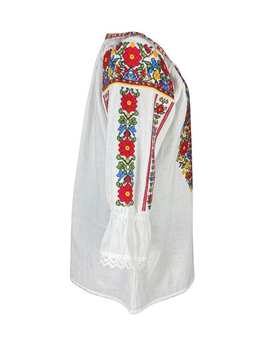 Bluza Damă Bumbac Mânecă Lungă Alb/Portocaliu