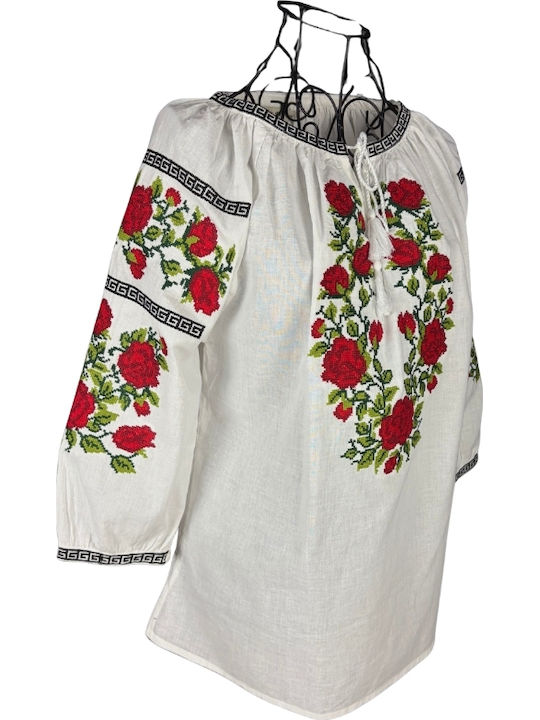 Bluza Damă Bumbac Mânecă Lungă Alb/Portocaliu