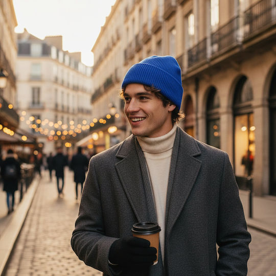 Beanie Unisex Σκούφος με Rib Πλέξη σε Μπλε χρώμα