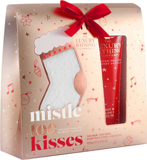 Mistletoe Kisses Pralină Prăjită Vanilie Dulce Set Cadou 100 Ml Balsam pentru Picioare 1 Pereche Șosete Confortabile The Luxury Bathing Company