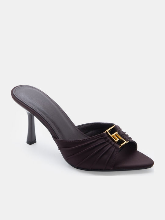 Satin Mules With High Heel In Brown Colour