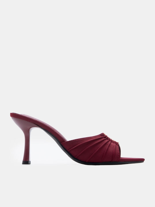 Satin Mules With High Heel In Burgundy Colour