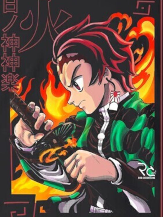 T-shirt Anime Character Illustration Flames Sword Katana Pop Culture Black