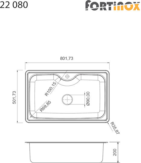 Fortinox Arena 22080 108-22080-110 22080-110 Drop-In Chiuvetă Inox Satinat L80xW50cm Argintiu