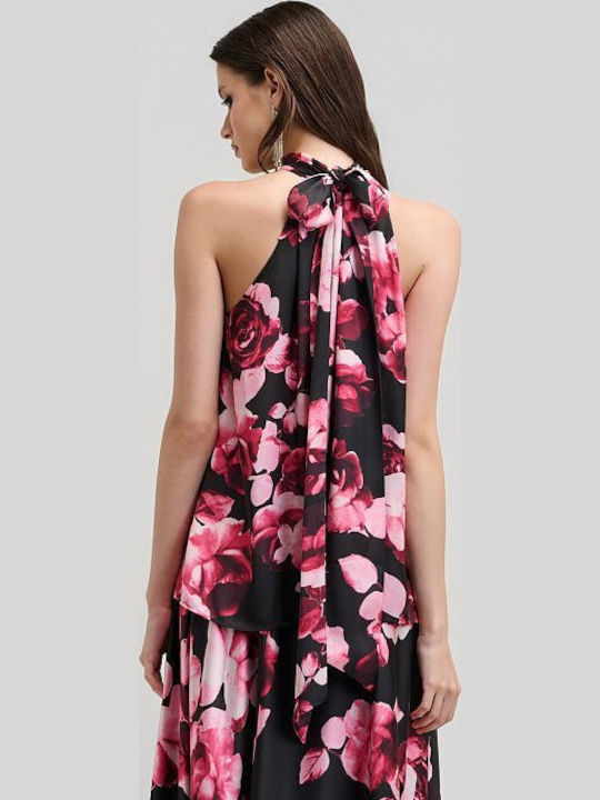 Women's Satin Sleeveless Blouse with Neck Tie Floral Fuchsia