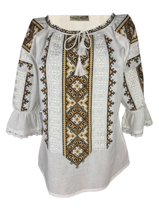 Bluza Damă Bumbac Mânecă Lungă Alb/Portocaliu