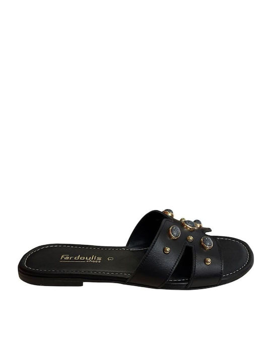 Leder Flache Damen Sandalen Schwarz