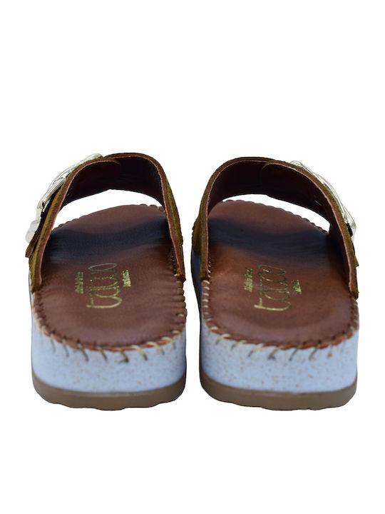 Leather Women's Flat Sandals Tabac Brown