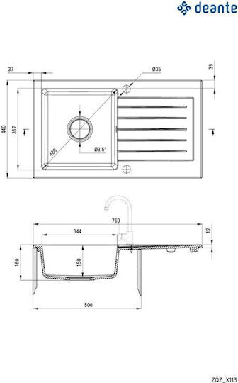 Deante Chiuvetă De Bucătărie Drop-In Din Granit Lichid M76xL44cm Gri