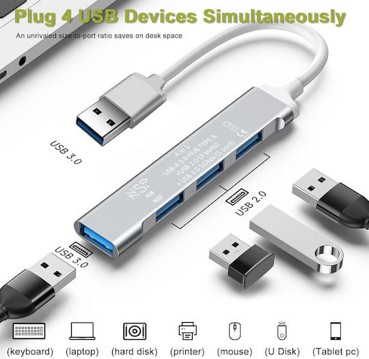 NSP N37 Hub 4 Porturi USB 3.0 cu Conectare USB-A Argintiu