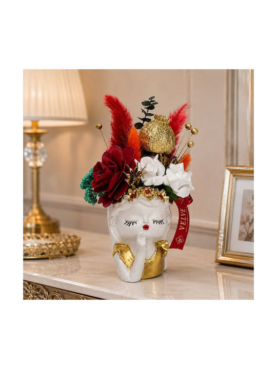 Decorațiune Ceramică Fata Visătoare Begonia Roșu Burgund Uscate Din Lemn Auriu 21x6 Cm