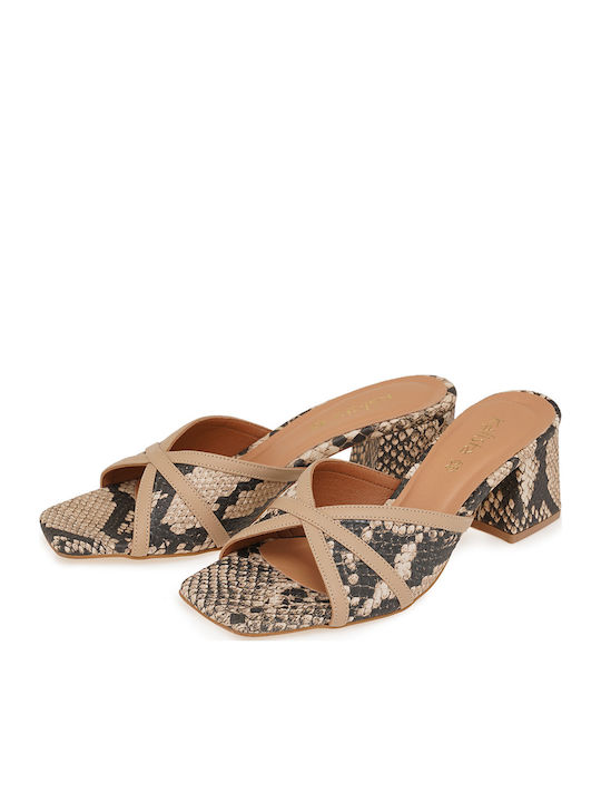 Leder Damen Pantoletten mit Absatz in Beige Farbe