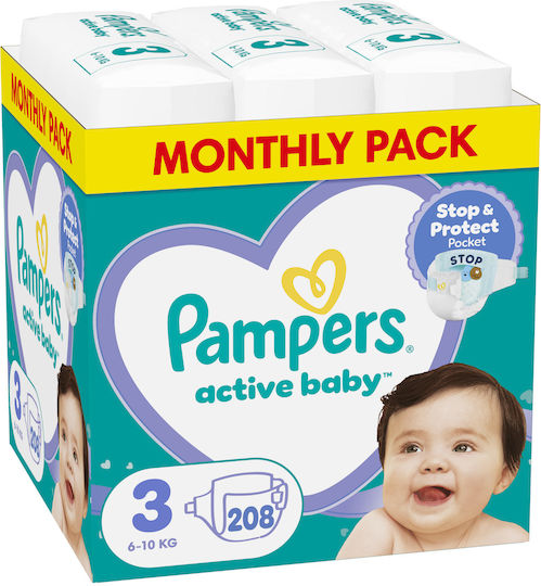 Pampers Πάνες με Αυτοκόλλητο Active Baby Monthly Pack No. 3 για 6-10kg 208τμχ