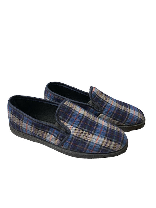 Heel Enclosed Winter Men's Slippers with Blue Designs