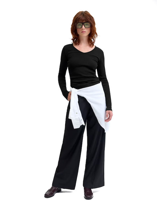 Women's Cotton Long Sleeve Blouse with V-Neck Black