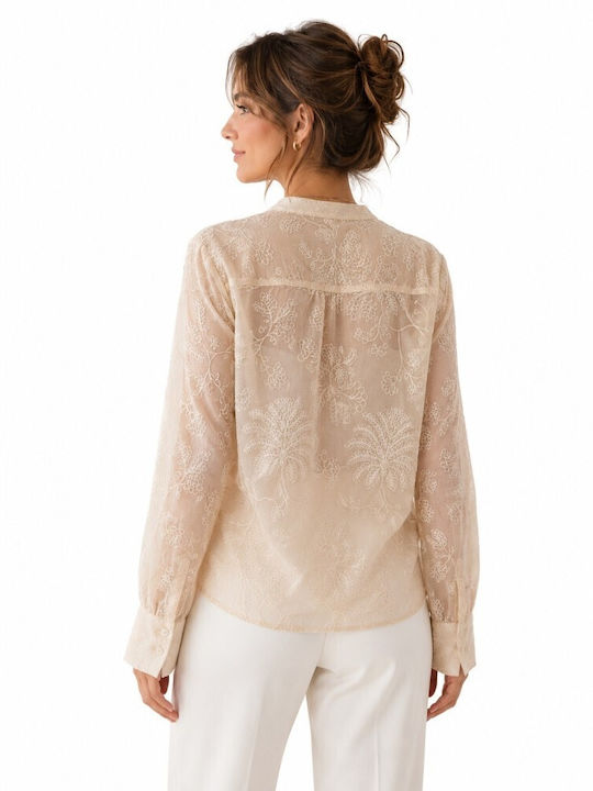 Langärmeliges Damenhemd Beige Blumen