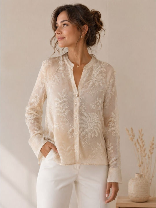 Langärmeliges Damenhemd Beige Blumen