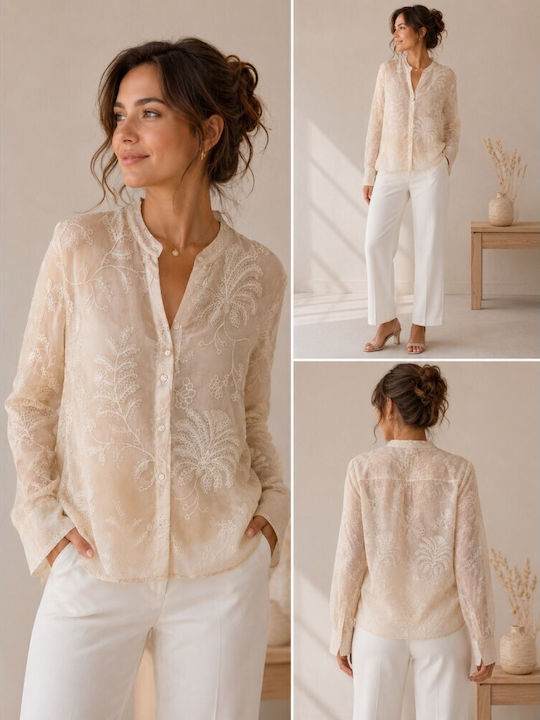 Langärmeliges Damenhemd Beige Blumen