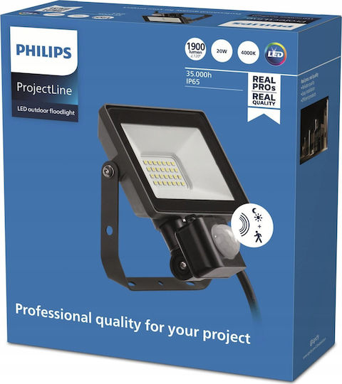 Philips Projectline Waterproof LED Floodlight 20W Natural White 4000K with Motion Sensor IP65